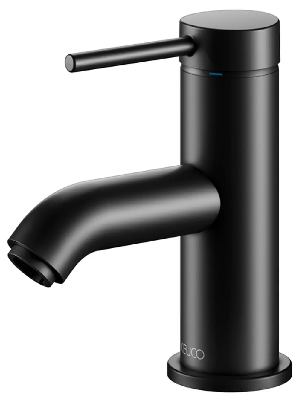 Schwarzer Waschtischmischer von Keuco mit seitlichem Hebel und abgerundeter Auslaufform. Die Oberfläche hat ein schlichtes Design ohne zusätzliche Verzierungen.